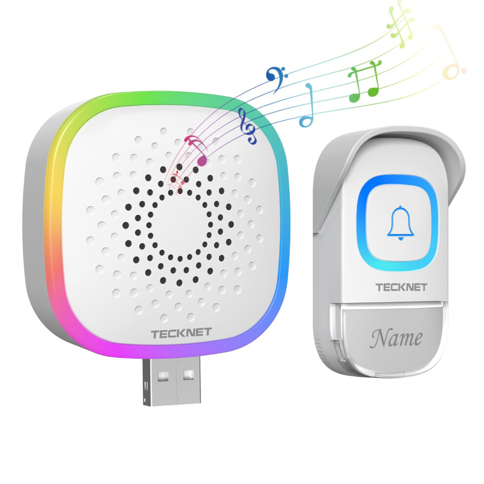 Mini Wireless Doorbell, Battery Operated Doorbell with RGB Light, IP66 Waterproof USB Small Cordless Door Bells Chime Kit, 400M Wireless Range, 60