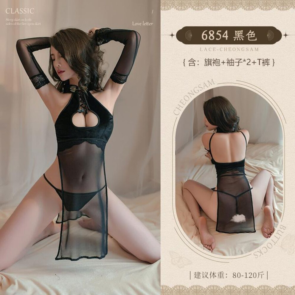Classical dew ditch velvet splicing through yarn cheongsam sex ancient uniform temptation perspective set