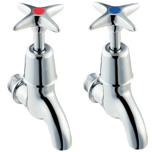 095X Cross Handle Chrome Bib Taps Wall Mounted Set Hot & Cold Pair Kitchen Belfast Basin Utility Room School Space Saving Silver Dual Tap Sink Faucet