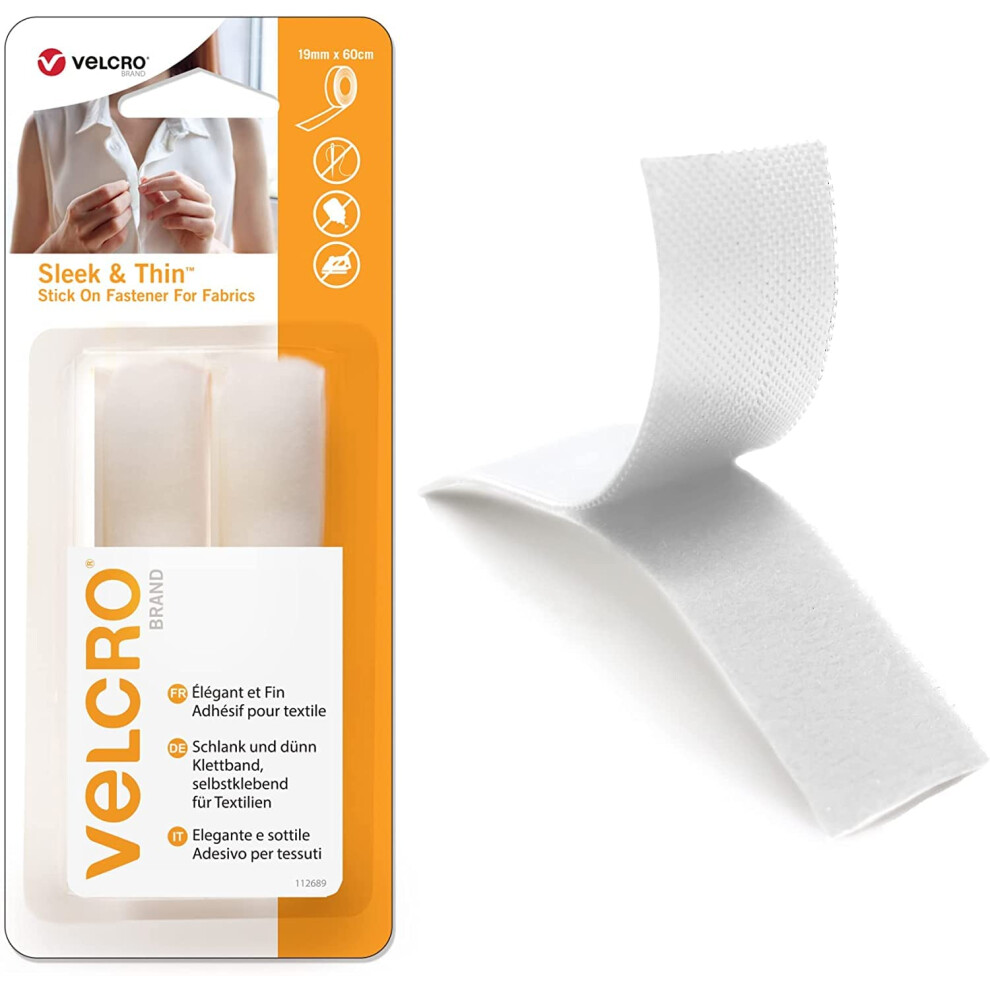 Brand | All-Purpose Straps | Strong Sticky Hook & Loop Self Adhesive Fastener Perfect for Crafting, Clothing Repairs & Hemming | White | 19mm x 60cm