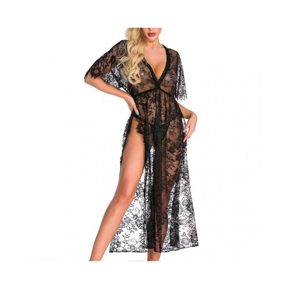 (S,Black)Women Long Lace Nightgown Sheer Lace Nightgown High Split Deep V Neck NightDress
