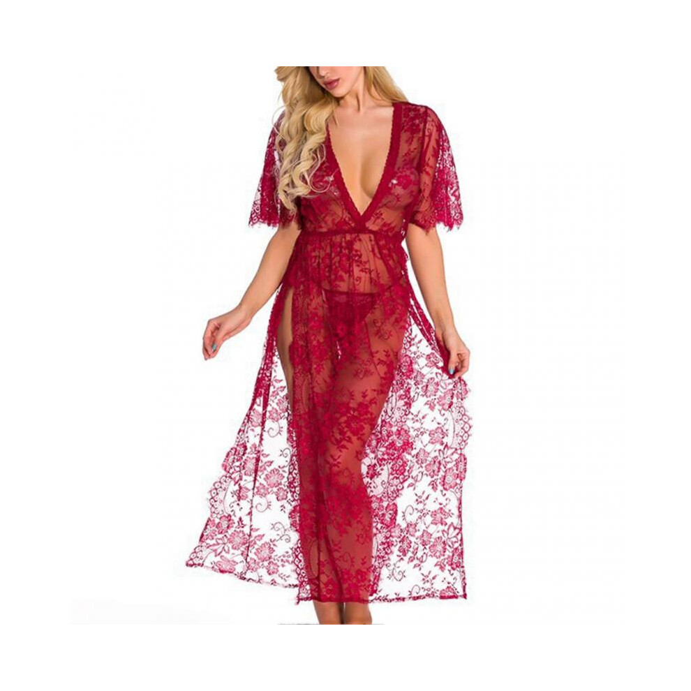 (L,Red)Women Long Lace Nightgown Sheer Lace Nightgown High Split Deep V Neck NightDress
