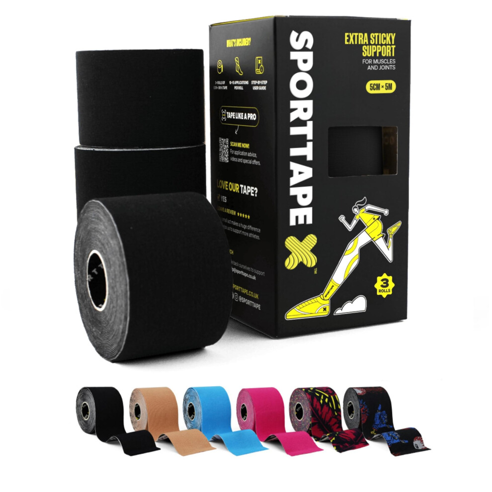 Sporttape Black 3 Rolls Kinesiology Tape - 5Cm X 5M Roll - | Kinetic Physio Tape For Muscle Injury | Sports Tape Strapping For Knee Pain, Joint