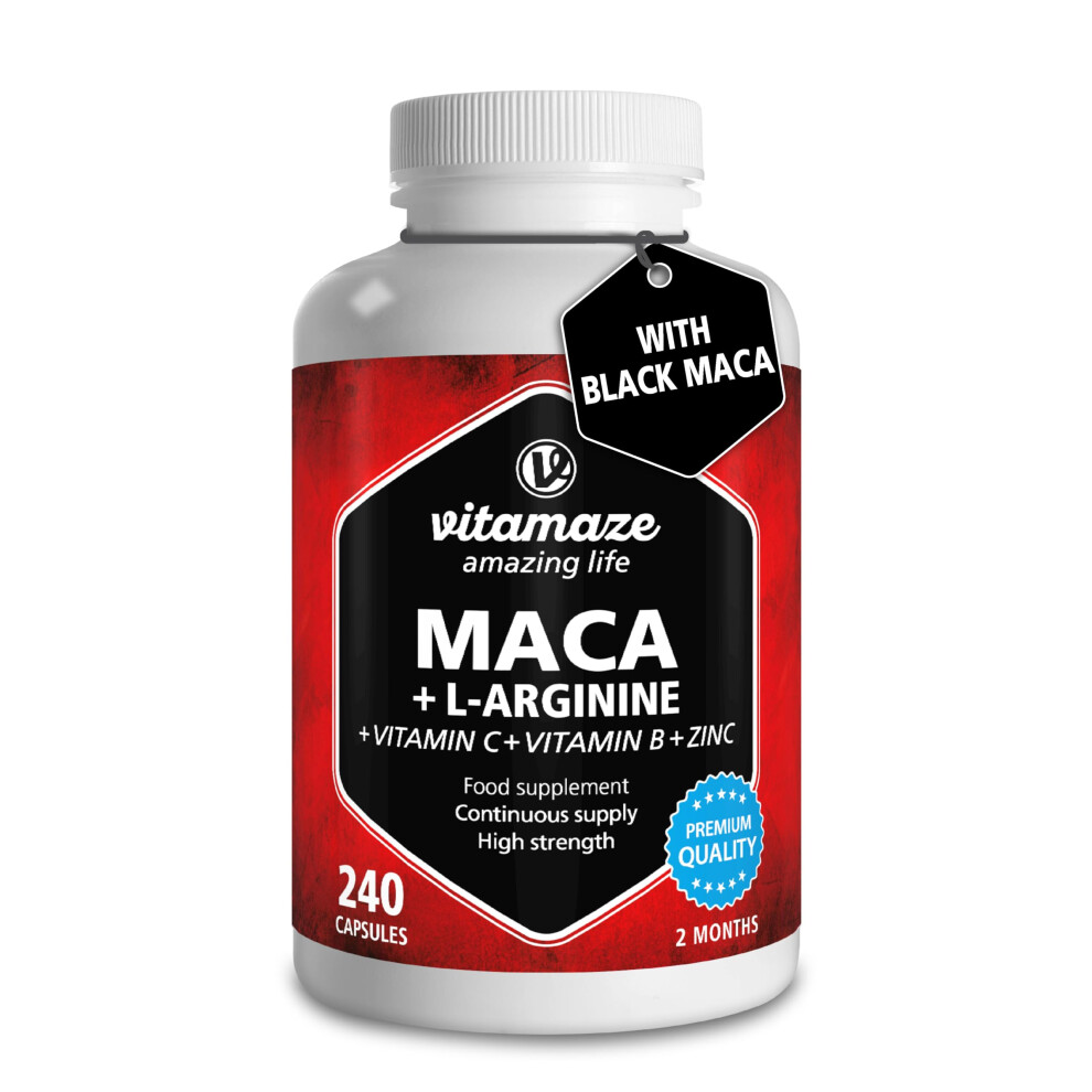 Maca Root Capsules for Women and Men with L-Arginine, B6, B12 and Zinc - Hormonal Balance, Anti-Stress, Energy Booster - 240 Capsules for 2 Months -