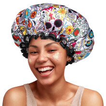 Shower Cap for Women, Reusable Shower Cap Waterproof for Long Hair, Large Shower Hat with Stylish Vibrant Design, Double Layer Bath Cap for Ladies and