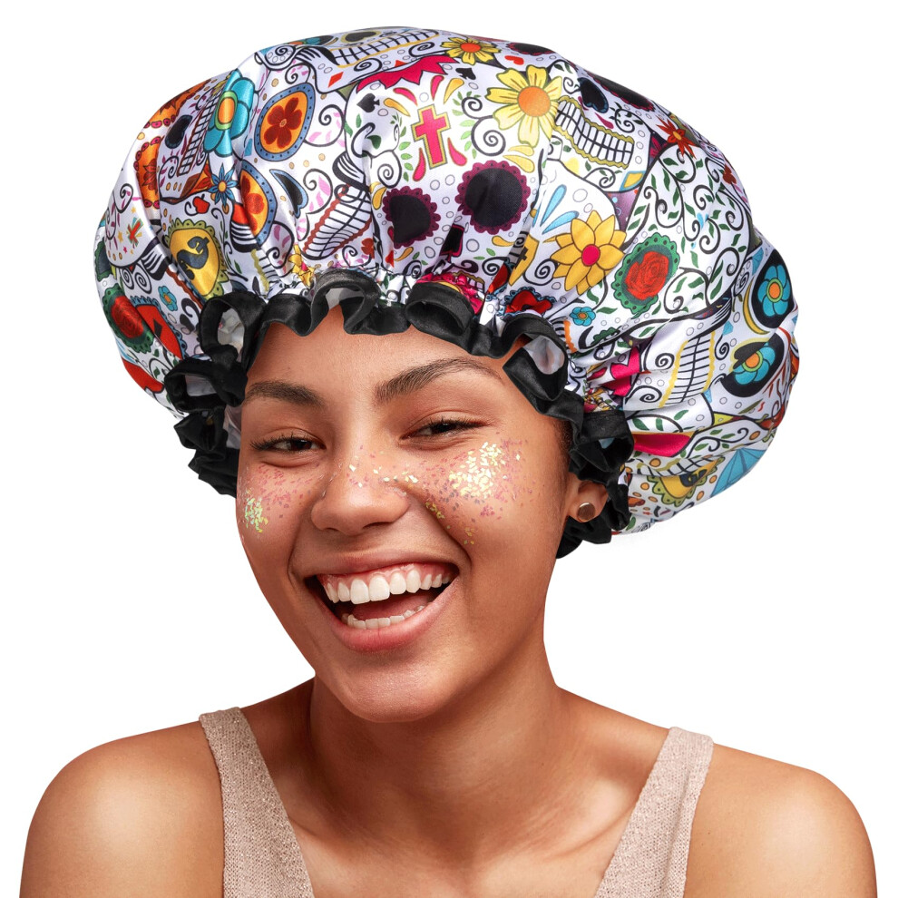 Mikimini Shower Cap For Women, Reusable Shower Cap Waterproof For Long Hair, Large Shower Hat With Stylish Vibrant Design, Double Layer Bath Cap For Ladies And
