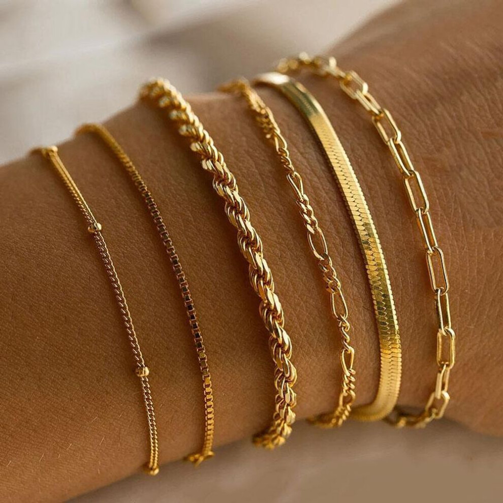 (amber) Trendy Metal Gold Color Cuban Chain Bracelets Classic Snake Chain Bangle Bracelets Set For Women Fashion Jewelry Gifts