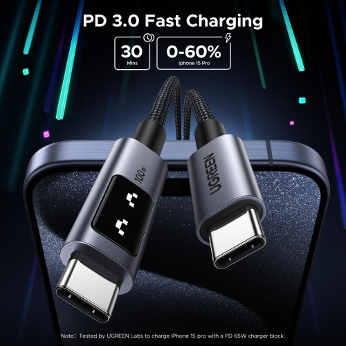Cable de carga rápida UGREEN Uno USB-C a USB-C de 100 W PD, 3 m 2