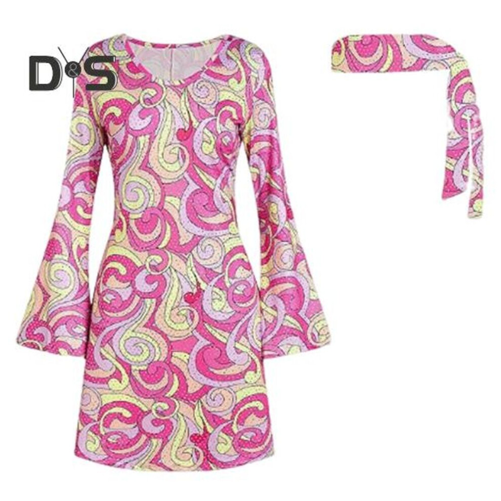 (pink, L) 1 Set Women Dress Headband Set Retro Sequin Bell Sleeves Loose Fit Printed Halloween Cosplay Hippie Disco Dance Party Bronzing Evening Dress