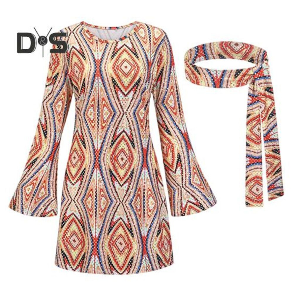 (orange, L) 1 Set Women Dress Headband Set Retro Sequin Bell Sleeves Loose Fit Printed Halloween Cosplay Hippie Disco Dance Party Bronzing Evening Dress