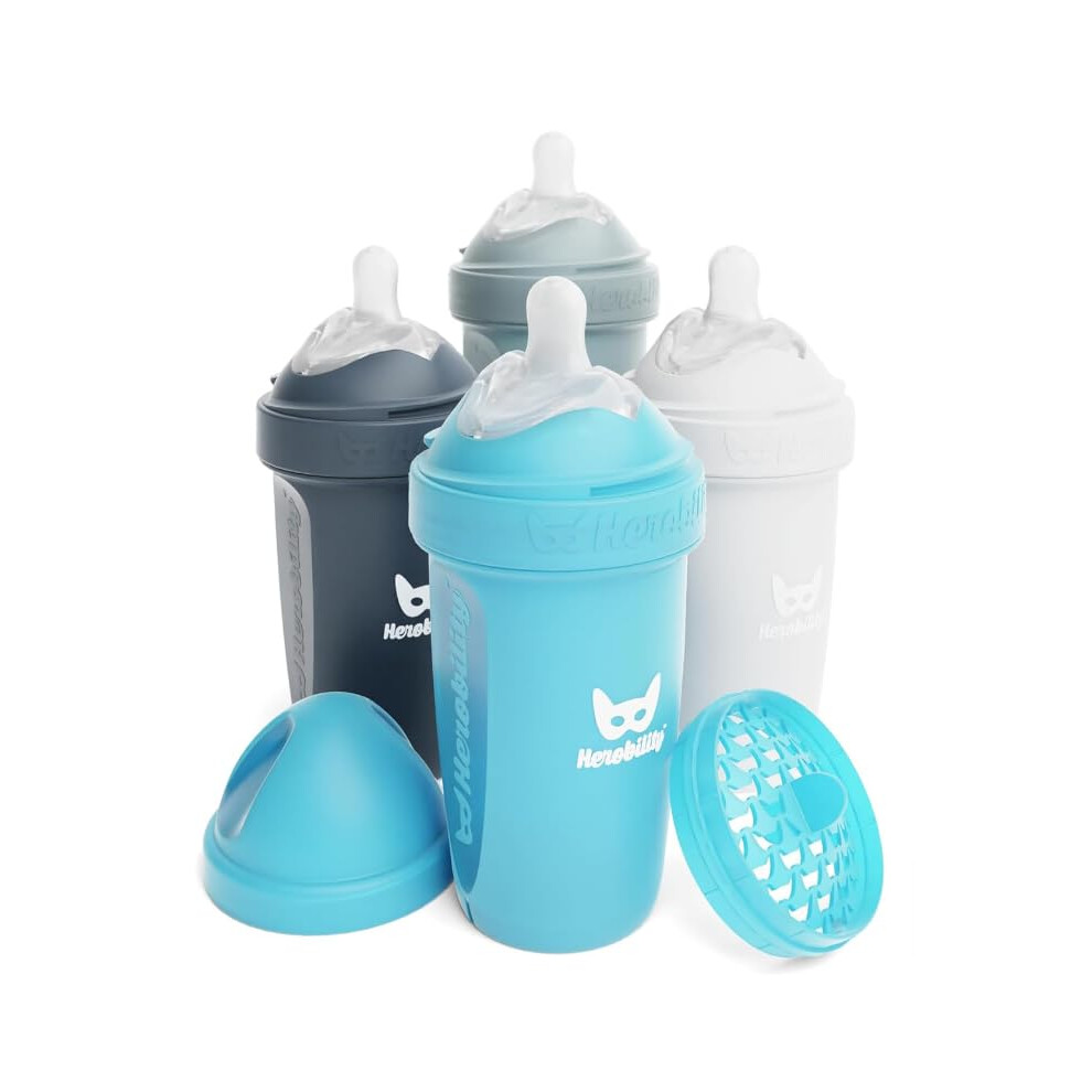 Herobility Double Anti-Colic Baby Bottles – 8.5 Fl Oz/240Ml – 4-Pack – Multicolor - White, Gray, Iron Blue, Blue