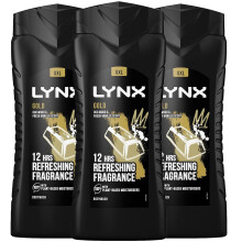 3 Pack of 500ml Lynx 12 Hour Refreshing Fragrance Gold Oud Wood and Vanilla Body wash with Plant-based Moisturisers & Dual Action Power, Keep Smelling