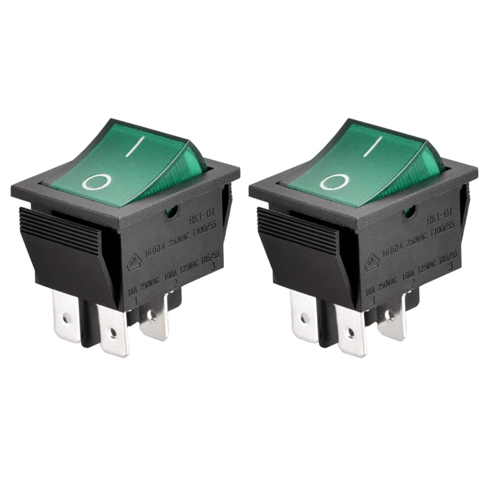 Rocker Switch On-Off Dpst 4 Terminals Green Light 16A 250Vac 2Pack (2) 670534171844