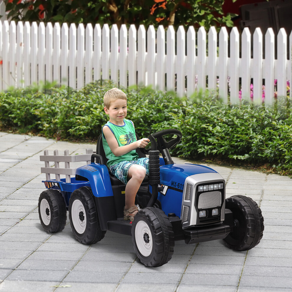 Homcom Ride On Tractor With Detachable Trailer, Remote Control, Music - Blue