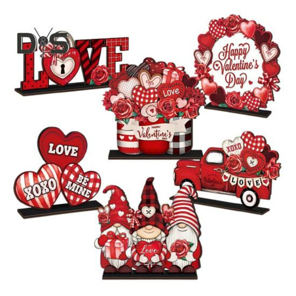 6 Pcs Valentine's Day Wooden Table Signs Red Gnomes Heart Truck Tabletop Centerpieces For Romantic Farmhouse Home Tiered Tray Decor