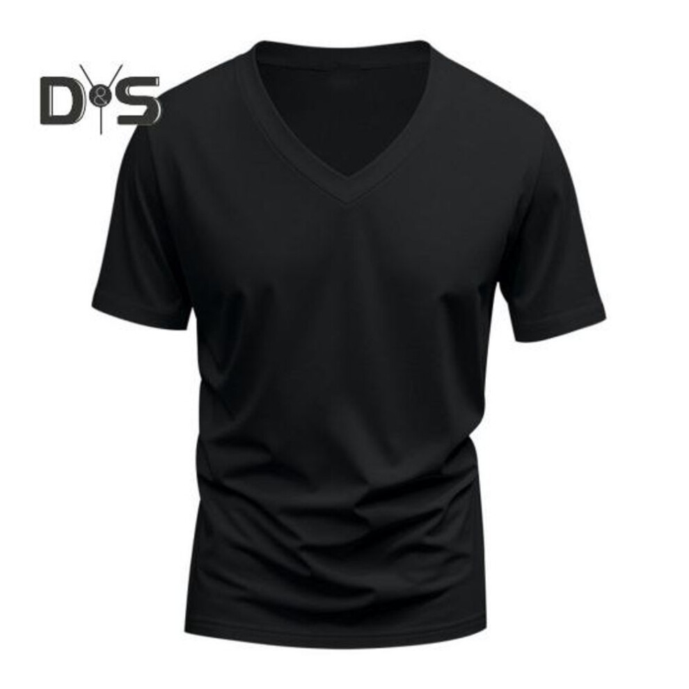 (black, M) Men Summer T-shirt Short Sleeves V Neck Solid Color Quick-drying Loose Pullover Mid Length Top For Sport Office Dating
