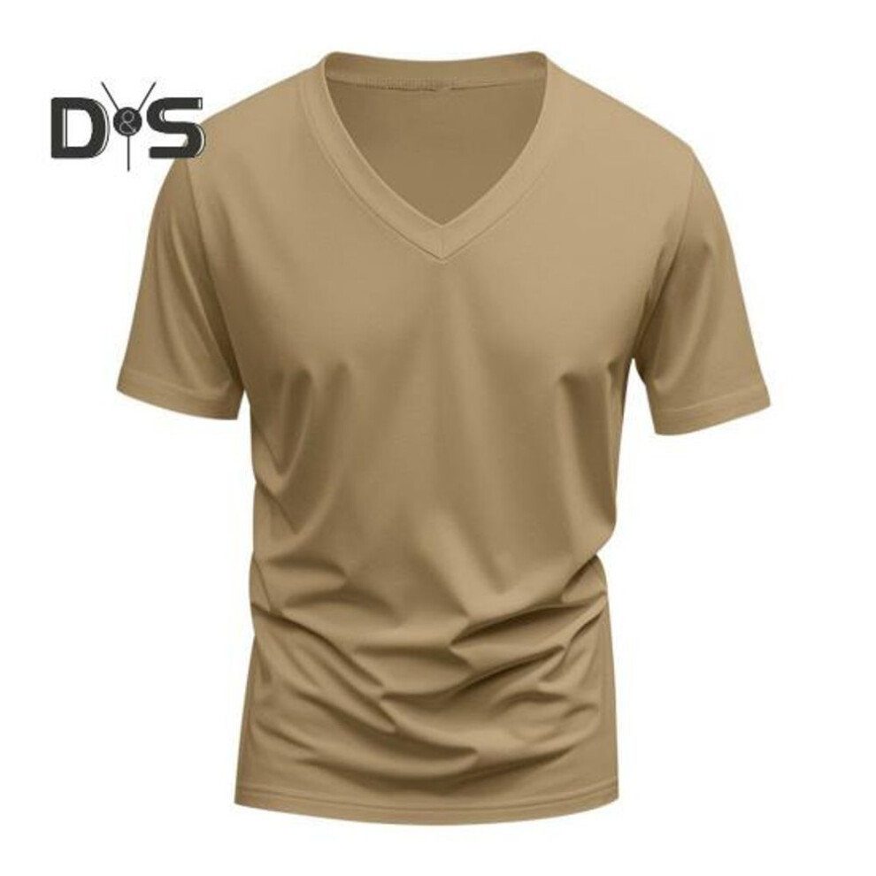 (khaki, M) Men Summer T-shirt Short Sleeves V Neck Solid Color Quick-drying Loose Pullover Mid Length Top For Sport Office Dating