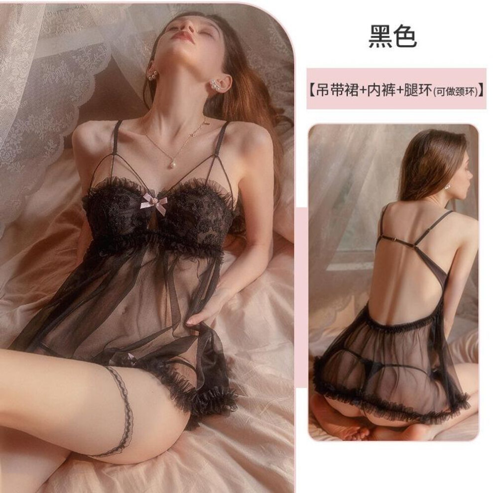 (black, One Size) Sexy lingerie suspender lace perspective nightdress lace embroidered bra bubble skirt