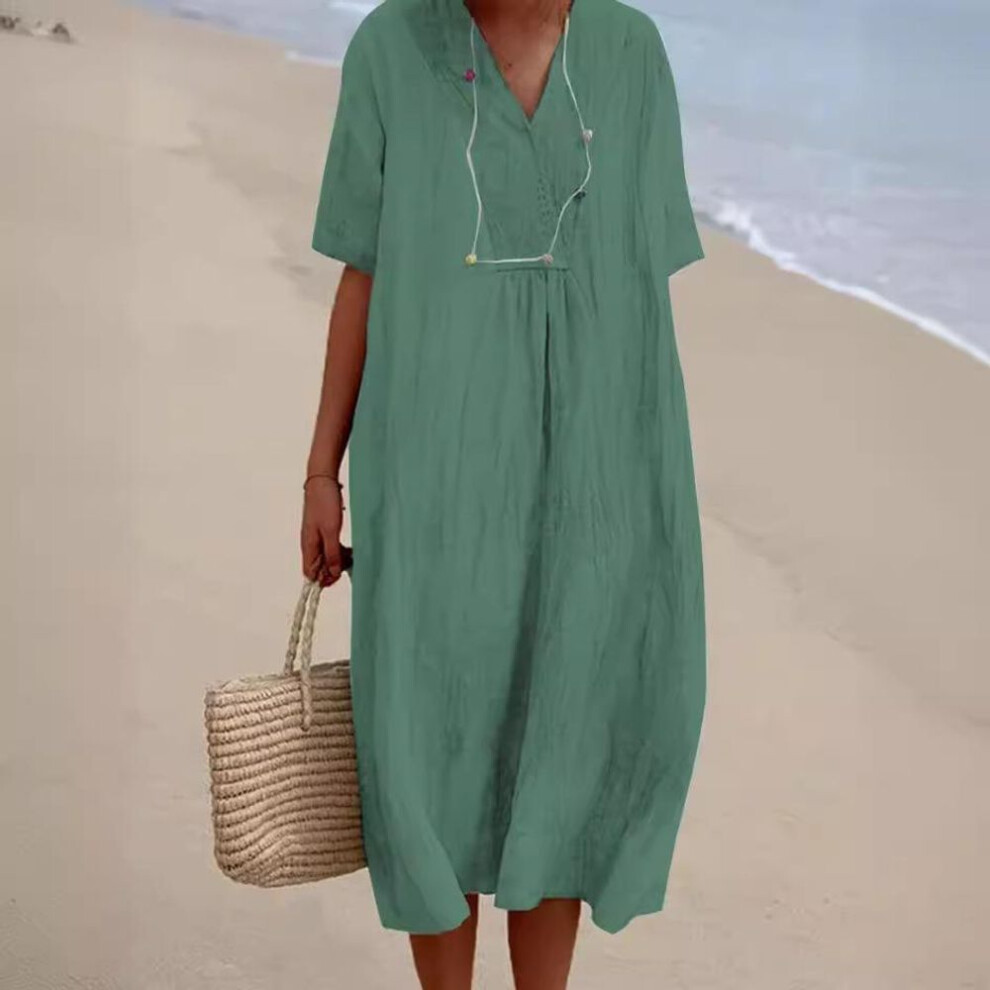 (green, XL) Plus Size V-neck Short Sleeve Dress Solid Cotton Linen Dress for Women Spring Summer Loose Midi Dresses