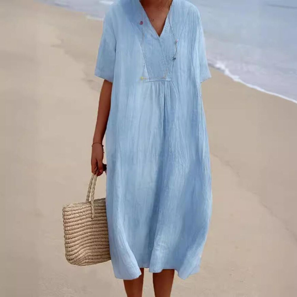 (blue, L) Plus Size V-neck Short Sleeve Dress Solid Cotton Linen Dress For Women Spring Summer Loose Midi Dresses