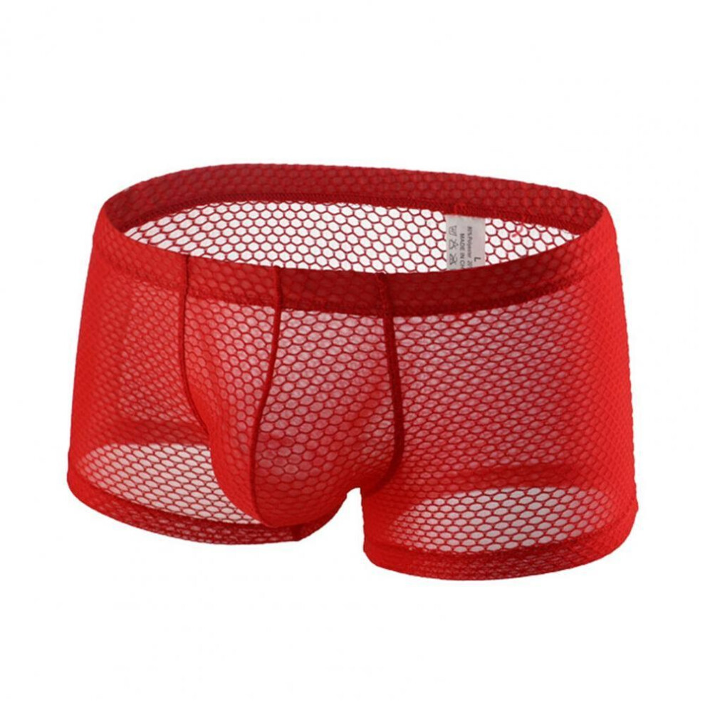 (L, red) Men Slim Fit Shorts Briefs Summer Thin Low-rise Solid Color Underwear Breathable Mesh Elastic Waistband Panties Underwear
