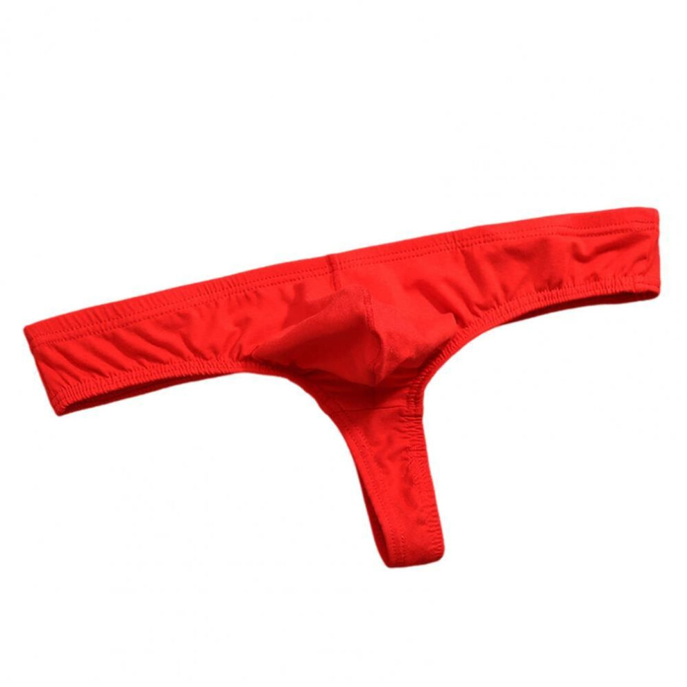 (L, red) Men Sexy Thong Solid Color T-string Three-point U Convex Bag Briefs Low-rise Elastic Breathable Panties