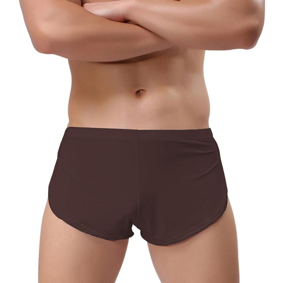 (XXL, coffee) Men Sexy Boxer Underwear Low-rise Elastic Waistband Boxer Briefs Solid Color Full Hip Coverage Panties Boxer Shorts