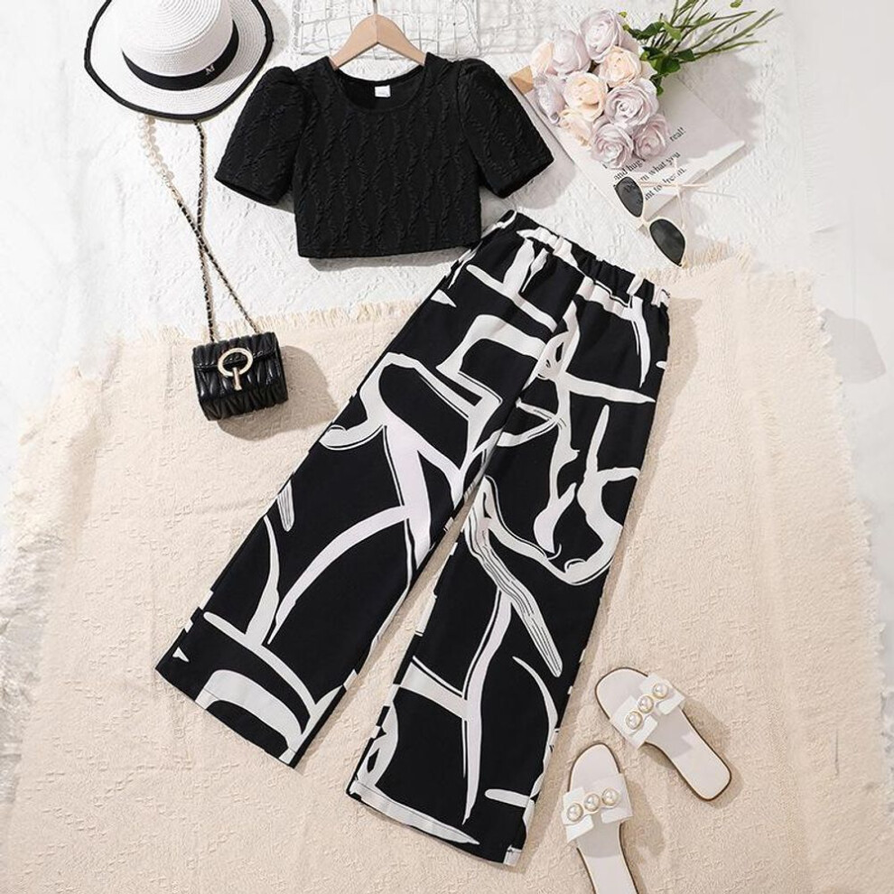 (black, 150cm/10Y) Girl's Clothing Summer Suit New Fashion Short-sleeved Top + Printed Casual Trousers 2pcs 7-12Y Suit