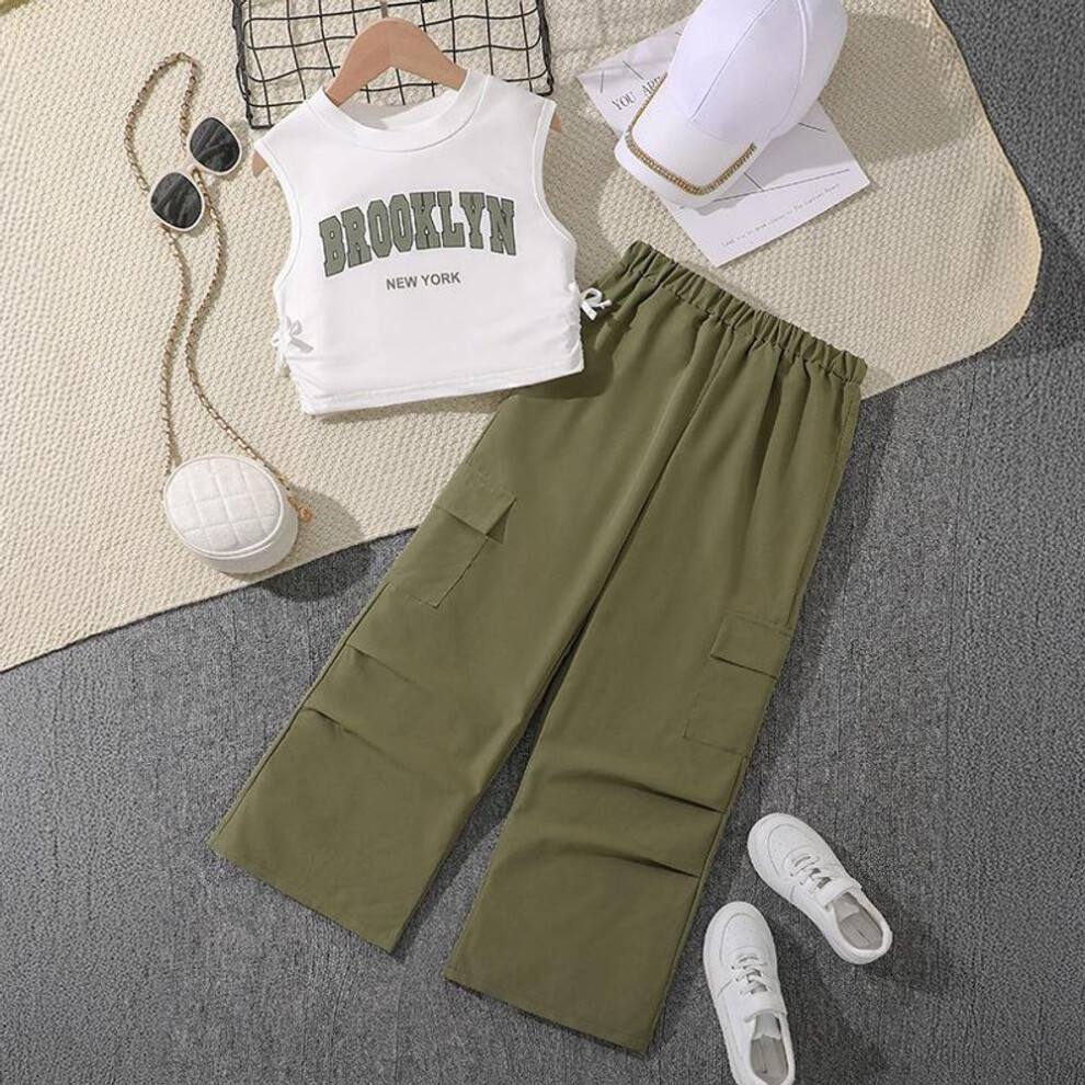 (green, 160cm/11Y) Girl's Clothing Summer Suit New Fashion Short-sleeved Top + Printed Casual Trousers 2pcs 7-12Y Suit