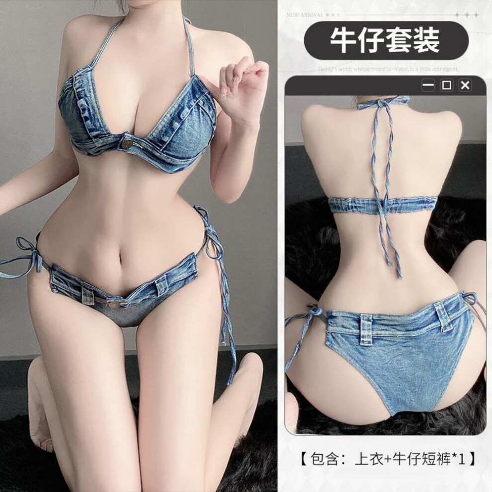 (M (100-60 kg), as the picture) Sexy lingerie passion free from hot temptation bed flirting denim shorts uniform