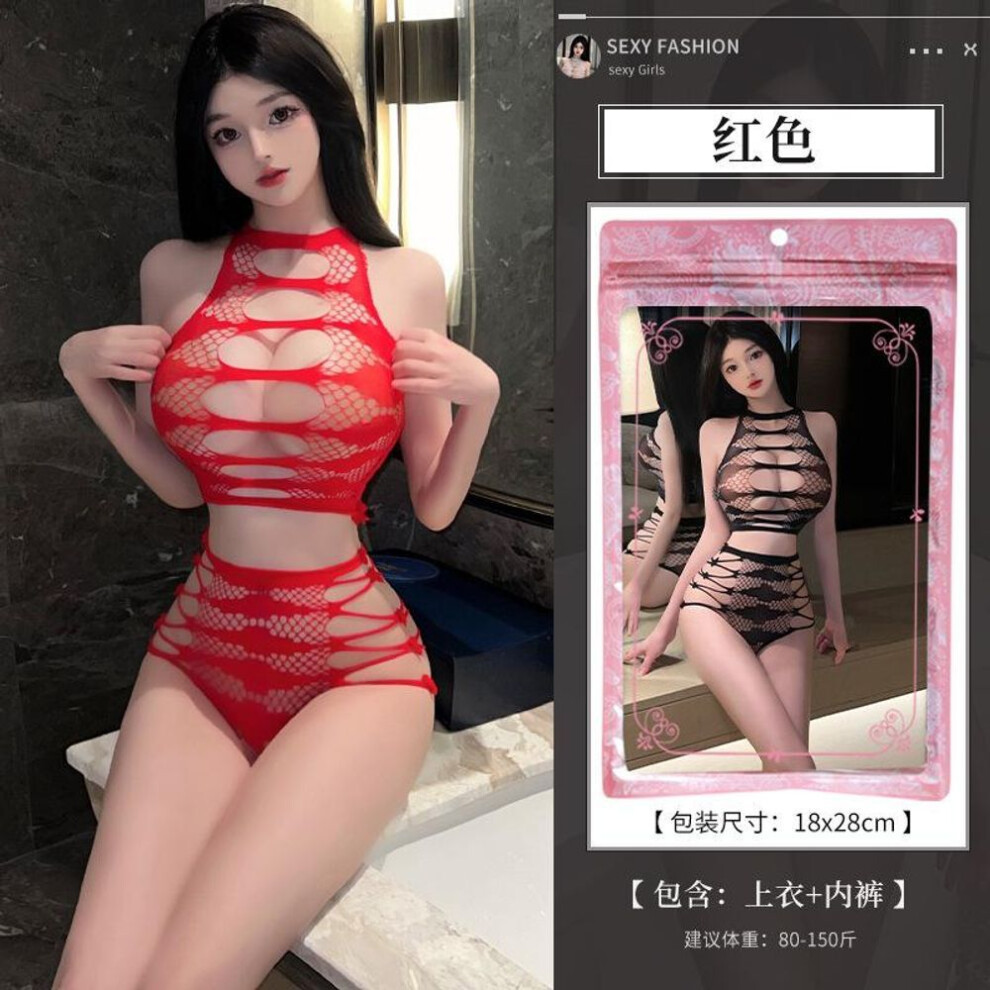 (One Size (80-75kg), red) Sexy lingerie sexy perspective hollowed-out tearing split hip wrap passion no-take-off mesh suit