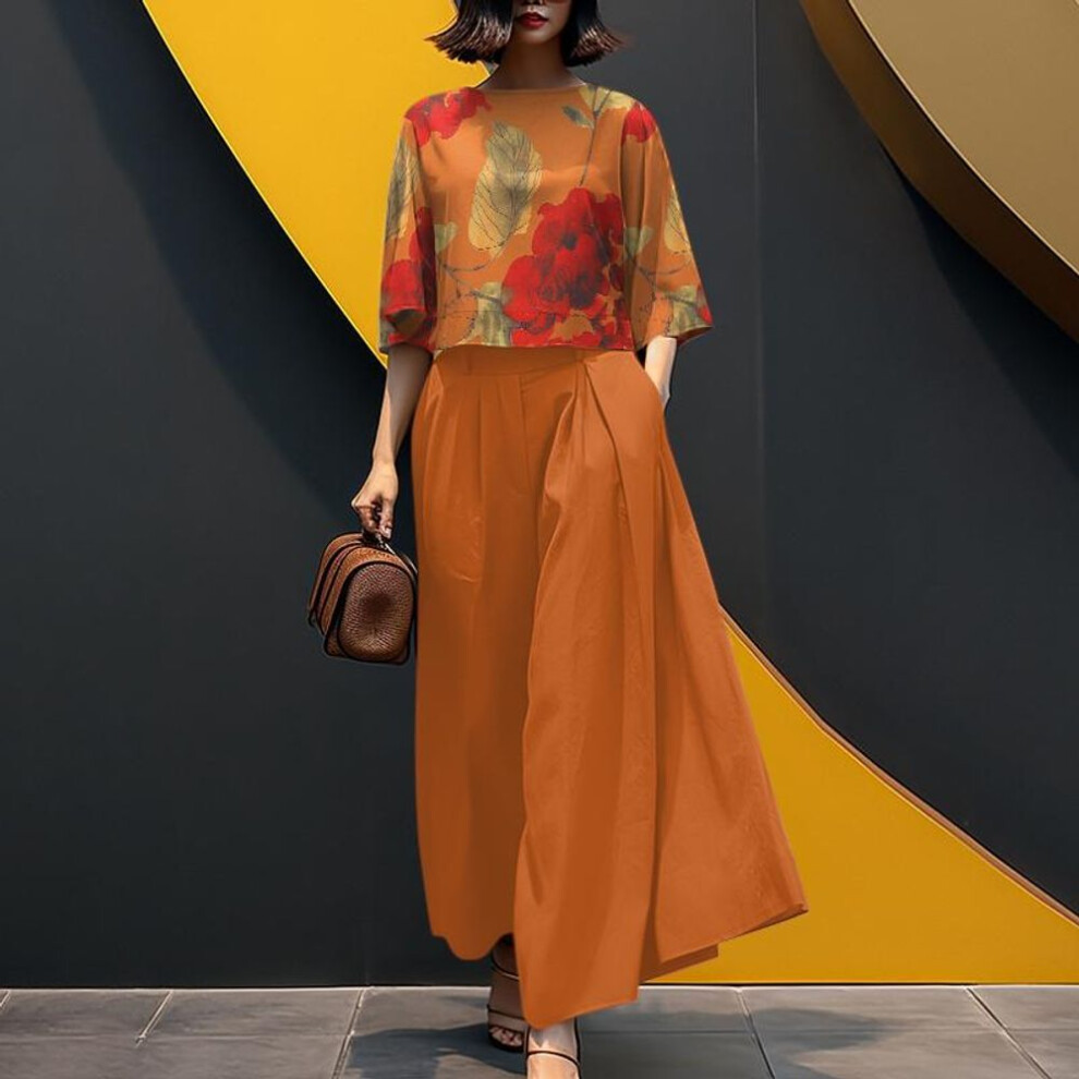 (yellow, S) ZANZEA Women Floral Blouse and Wide Leg Pants Casual Two Piece Suit Sets