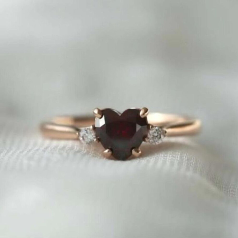 (gold, number 11) Rhodolite Garnet Heart Ring For Women - Cute & Sweet Rose Gold Plated With Diamond