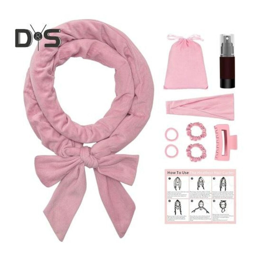 (pink) Heatless Curling Iron No Damage Hair Curler With Hair Scrunchies Clip Safe To Use Hair Care Curling Wand Set
