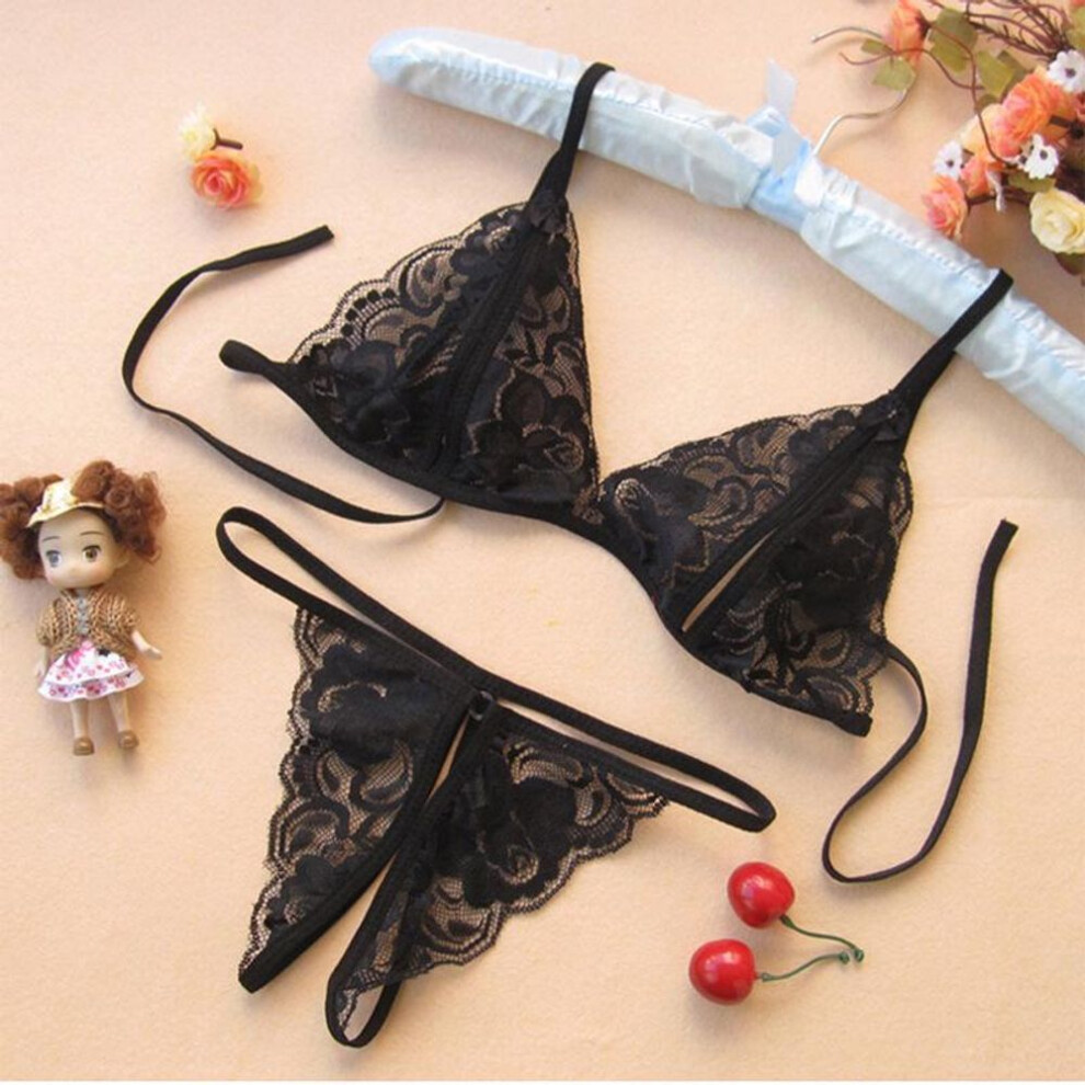 Alluring Lace Three-Piece Lingerie Set: Transparent Bra and Panties with Tempting Slit Design