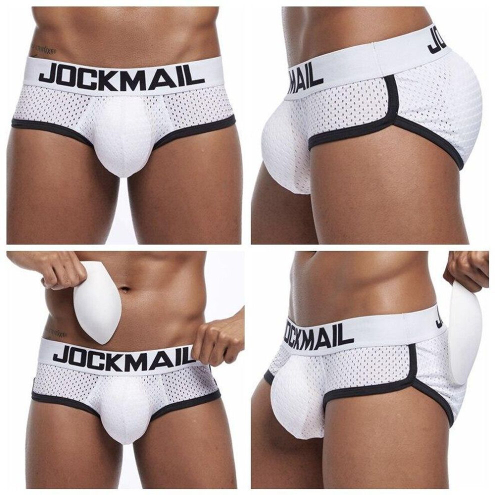 (XL, white) Briefs JOCKMAIL Removable Front and Back Sponge Padded Men's Briefs Breathable Mesh Material Ground Low Waist Fashion Sports Hip Adjustment Underwear