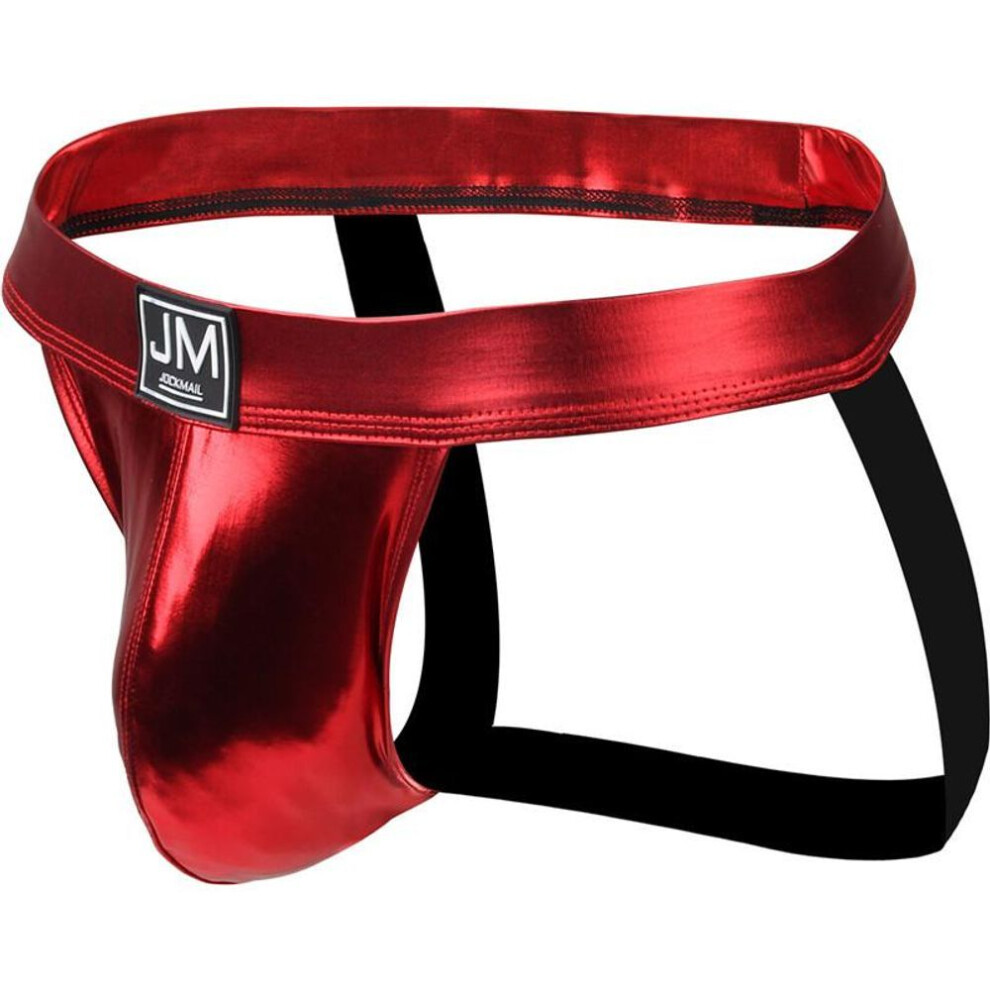 (M, red) Jockstraps JOCKMAIL Solid Color High Gloss Reflective Material Sexy T Underwear Male Club Dance Dress T-back Underpants