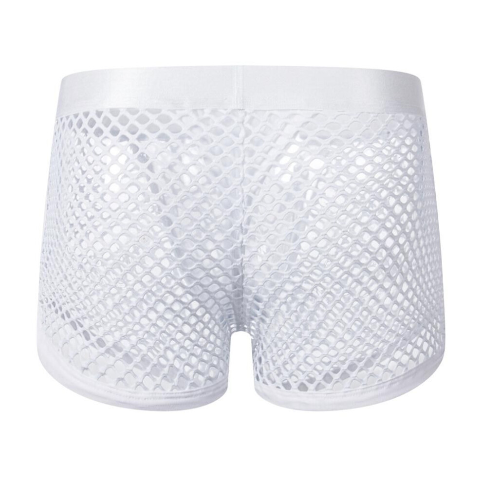 (L, white) Boxer Jockmal Sexy Transparent Fashion Low Waist Large Mesh Breathable Men's Boxer Briefs Solid Colour Cut-out Men's Shorts Underpants