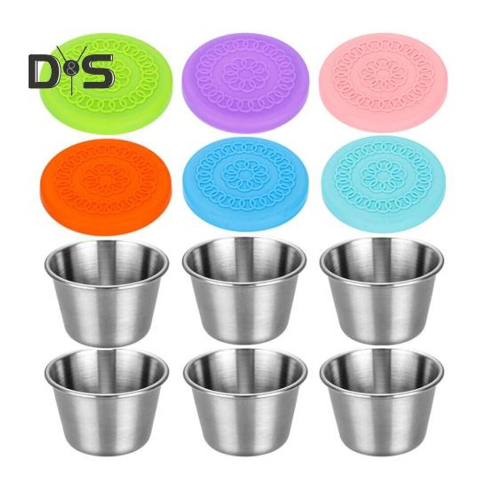 (as the picture, 70ml 6pcs) 6pcs Sauce Cup Set Leak-proof Stainless Steel Containers With Silicone Lids Reusable Condiment Cups For Lunch Boxes Travel