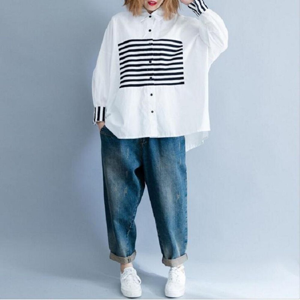 Plus Size Spring Autumn Women Blouse Striped Print Patchwork Casual Loose Female Blouse Oversized Cotton White Tops Shirts