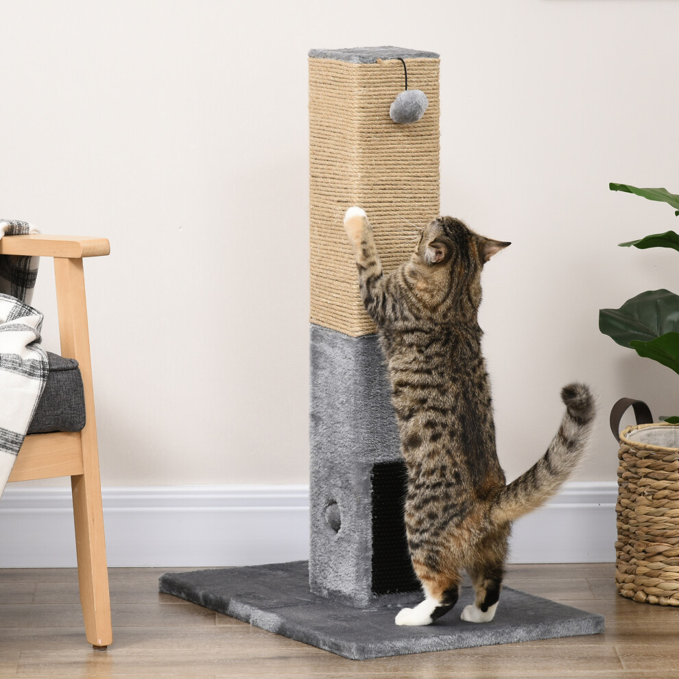 Pawhut 79Cm Jute Scratcher Climber With Toy, Self Grooming Brush, Grey