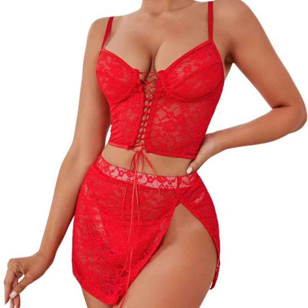 (L, red) 3 Pcs/set Women Bra Panties Skirt Set See-through Lace Embroidery Hollow Out