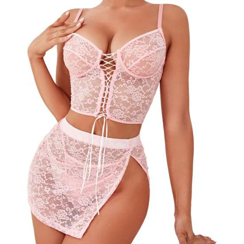(XL, light pink) 3 Pcs/Set Women Bra Panties Skirt Set See-through Lace Embroidery Hollow Out