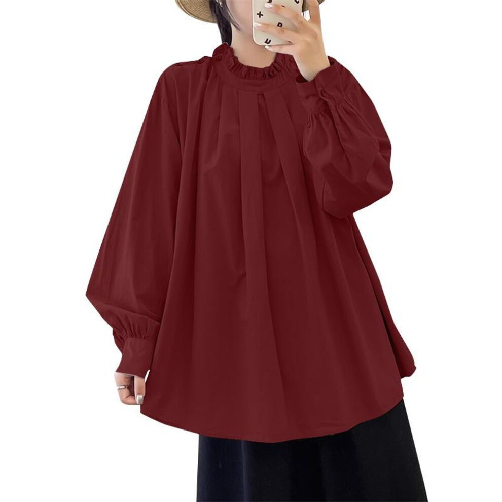 (S, wine red) Zanzea Women Casual Stand Collar Long Sleeve Loose Blouse