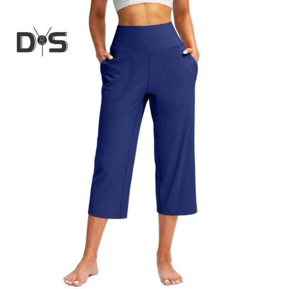 (blue, S) Women Yoga Pants Elastic High Waist Loose Leg Cropped Trousers With Pockets Sporty Casual Style Pants
