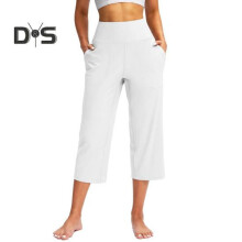 (white, M) Women Yoga Pants Elastic High Waist Loose Leg Cropped Trousers with Pockets Sporty Casual Style Pants