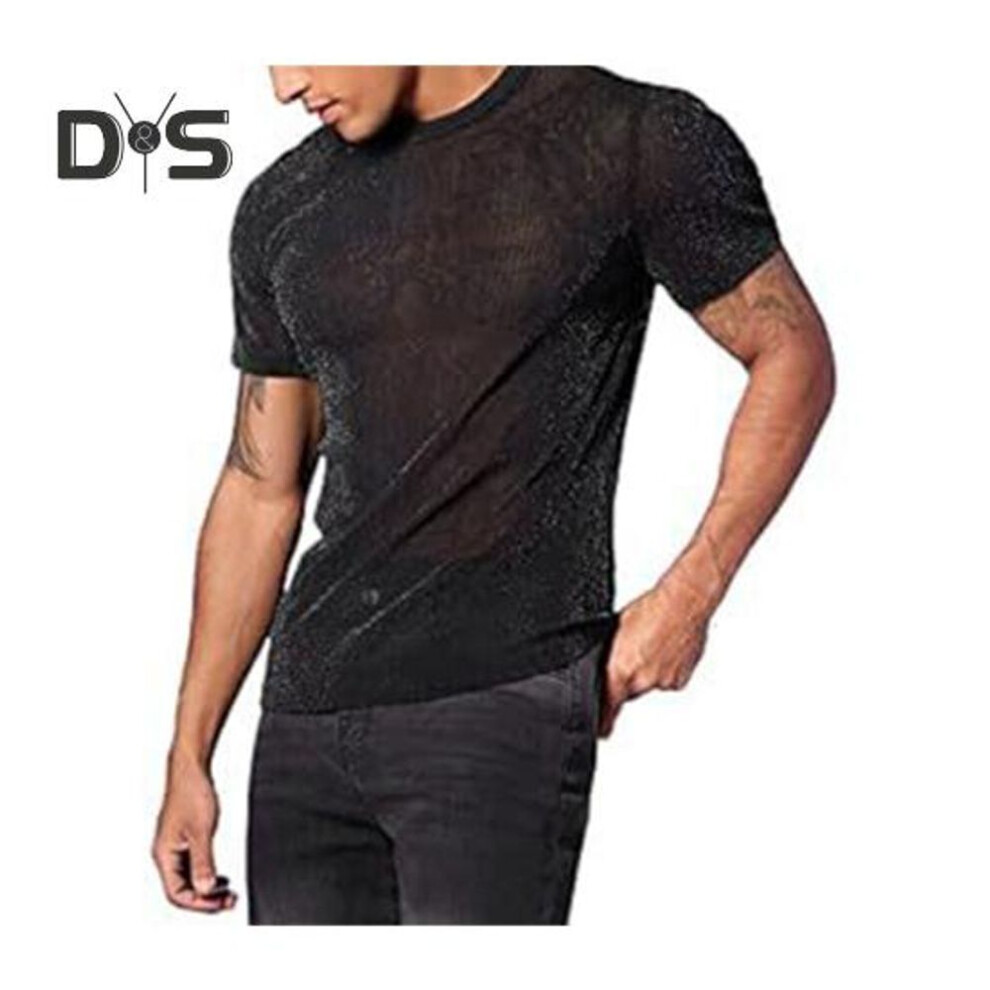 (black, S) Men Club Top See-through Sequin Mesh Round Neck Short Sleeves Stretchy Thin T-shirt Muscular Men Party Performance T-shirt