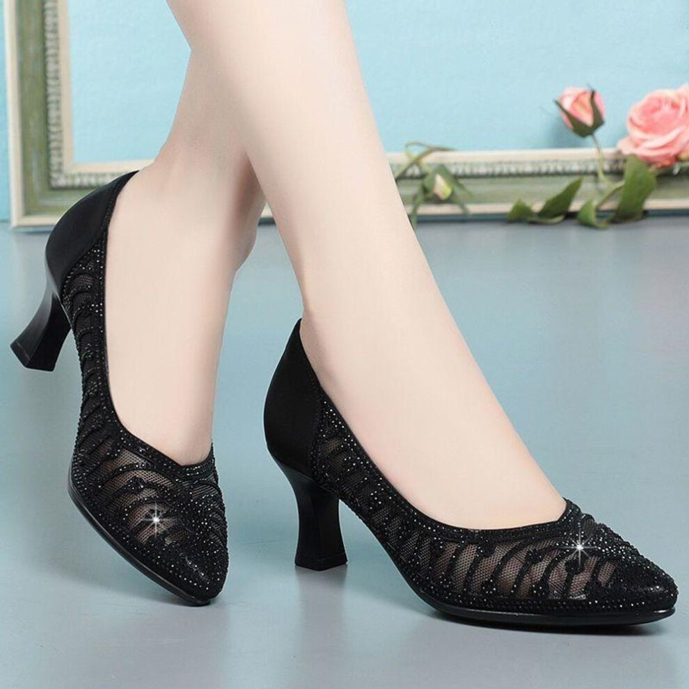 (black, 40) Spring And Summer Women's Thin Breathable Hollow Out Mesh Sandals Chunky Heel Hundred Soft Bottom Sandal Boots
