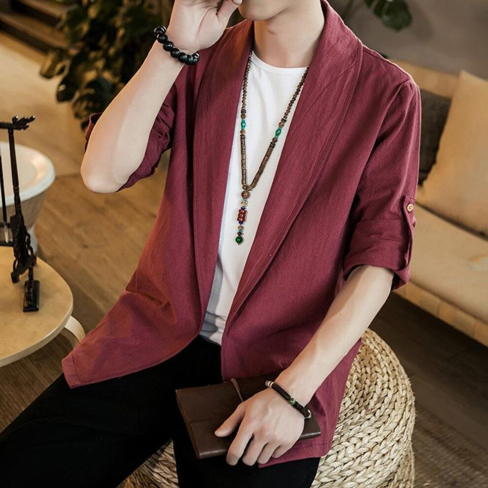 (XXXXL, wine red) Chinese Style Men's Summer Linen Jacket Solid Color Loose Large Size Retro Hanfu Robe Cotton and Linen Short-sleeved Cardigan