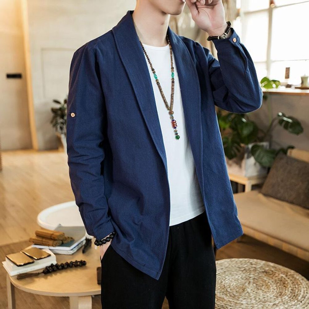 (XXL, navy blue) Chinese Style Men's Summer Linen Jacket Solid Color Loose Large Size Retro Hanfu Robe Cotton And Linen Short-sleeved Cardigan